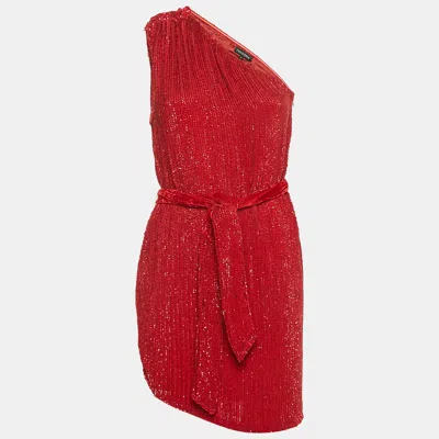 Pre-owned Retroféte Dark Red Sequin Belted One-shoulder Mini Dress S