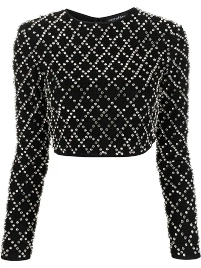 Retroféte Embellished Cropped Top In Black Silver Grid