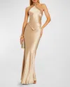Retroféte Ester Backless Halter Satin Gown In Nude