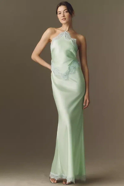 Retroféte Everly Halter Lace-trim Satin Maxi Dress In Green