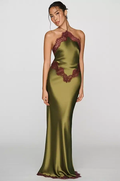 Retroféte Everly Halter Lace-trim Satin Maxi Dress In Green