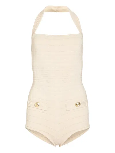 Retroféte Fallyn Halterneck Button-detail Playsuit In Neutral