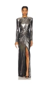 Retroféte Fenella Metallic Long-sleeve Twist Dress In Metallic Silver