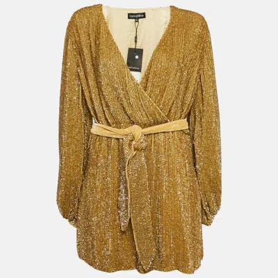 Pre-owned Retroféte Gold Sequin Embellished Velvet Trim Chiffon Belted Tunic Xl
