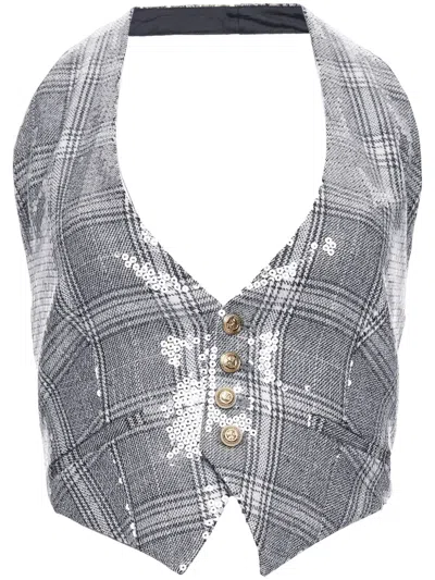 Retroféte Haddy Checked Halterneck Top In Grey