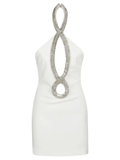 Retroféte Halter Neck Embellished Off-shoulder Short Dress In White/silver