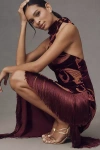 Retroféte Iridessa Halter Velvet Fringe-hem Maxi Dress In Red