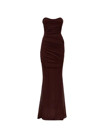 Retroféte Isadore Ruched Mesh Dress In Brown