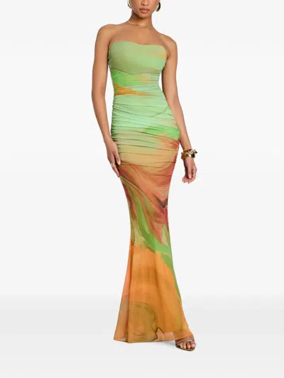 Retroféte Isadore Ruched Mesh Maxi Dress In Green