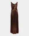 Retroféte Ismene Metallic Pleated Sleeveless Gown In Brown