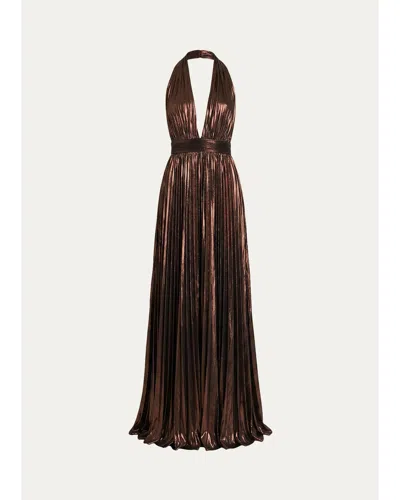 Retroféte Jadda Pleated Metallic Maxi Dress In Brown