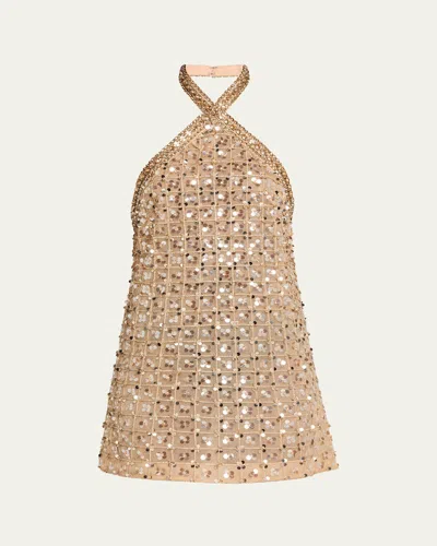 Retroféte Halterneck Sequin-embellishment Mini Dress In Neutral