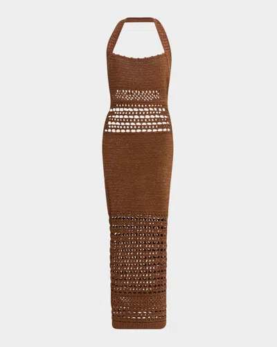 Retroféte Jaycee Crochet Halter Midi Dress In Sepia/bronze