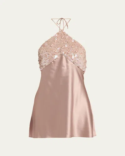 Retroféte Jeanne Embellished Satin Mini Dress In Truffle