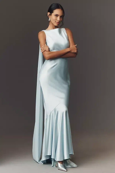 Retroféte Julia Boat-neck Open-back Cape Satin Maxi Dress
