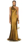 Retroféte Kelsa High-neck Satin Scarf Gown In Brown