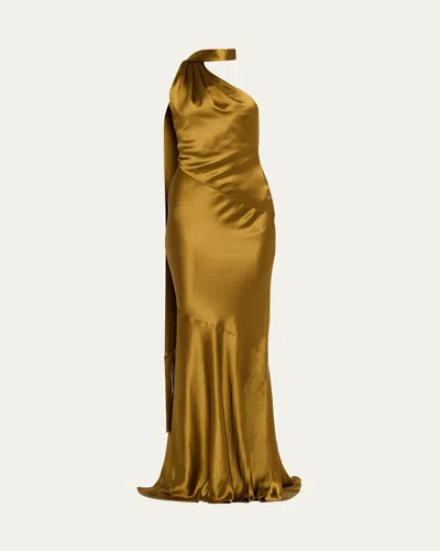 RETROFÉTE KELSA HIGH-NECK SATIN SCARF GOWN