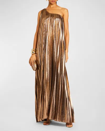 Retroféte Kensley One-shoulder Metallic Pleated Maxi Dress In Bronze