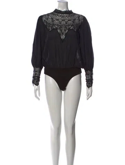 Pre-owned Retroféte Lace Pattern Mock Neck Bodysuit In Black