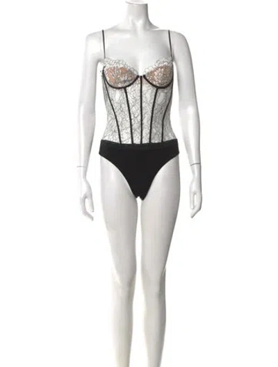 Pre-owned Retroféte Lace Pattern Plunge Neckline Bodysuit W/ Tags In Black