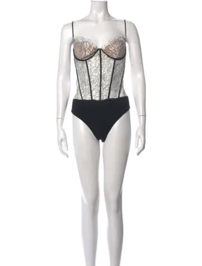 Pre-owned Retroféte Lace Pattern Plunge Neckline Bodysuit W/ Tags In Black