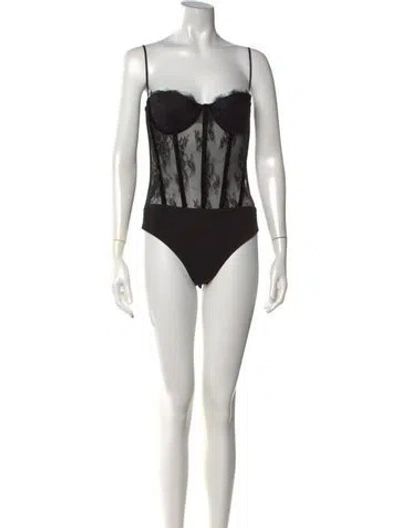 Pre-owned Retroféte Lace Pattern Square Neckline Bodysuit In Black