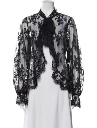 Pre-owned Retroféte Lace Pattern Tie Neck Blouse In Black