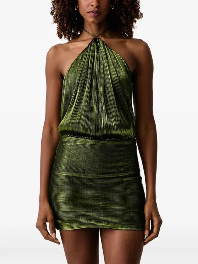 Retroféte Lavinia Pleated Metallic-effect Mini Dress In Green