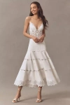 Retroféte Leilani Linen Blend V-neck Tiered Lace Midi Dress