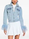 Retroféte Liby Puff-sleeve Feather-trimmed Denim Jacket In Blue