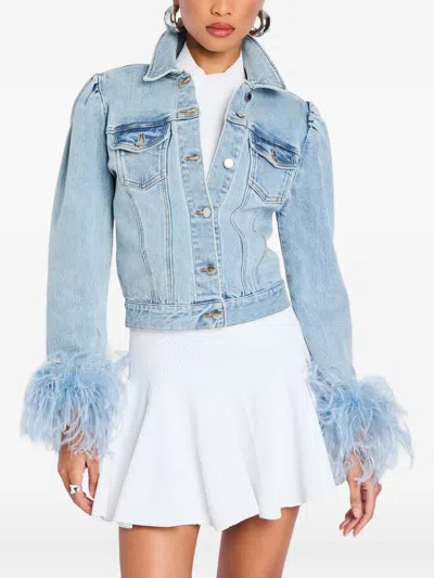 Retroféte Liby Puff-sleeve Feather-trimmed Denim Jacket In Blue