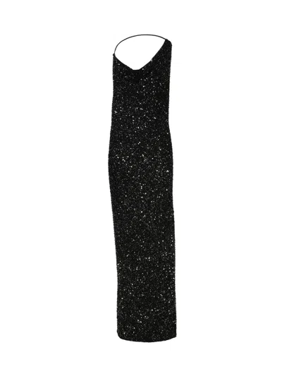 Retroféte Long Dress In Paillettes And Nylon In Black