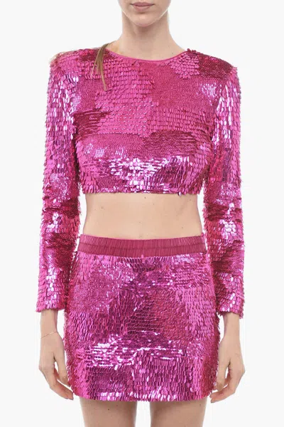 Retroféte Long-sleeved Leanne Sequined Crop Top In Pink