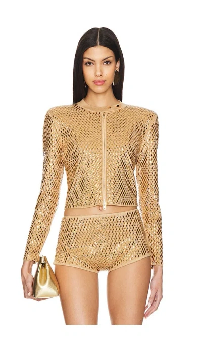 Retroféte Mali Shimmer Zipped Cardigan In Gold Metallic Nude