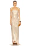Retroféte Maytal Metallic Strapless Gown In Latte