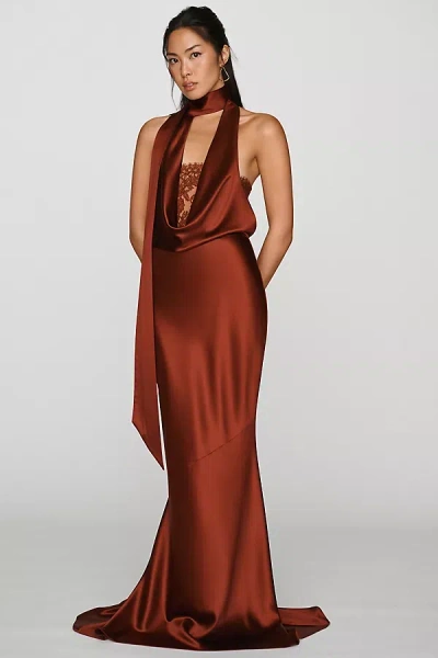 Retroféte Melly Draped Halter Satin Maxi Dress In Red