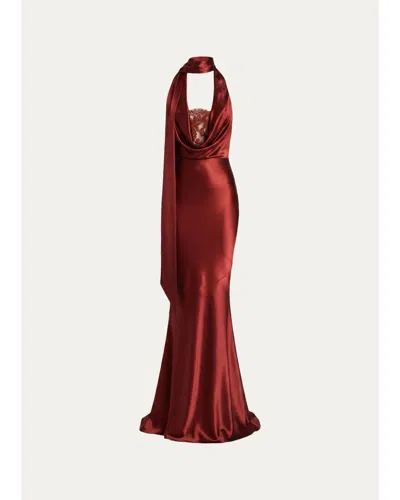 Retroféte Melly Satin Lace-trim Scarf Gown In Cigar