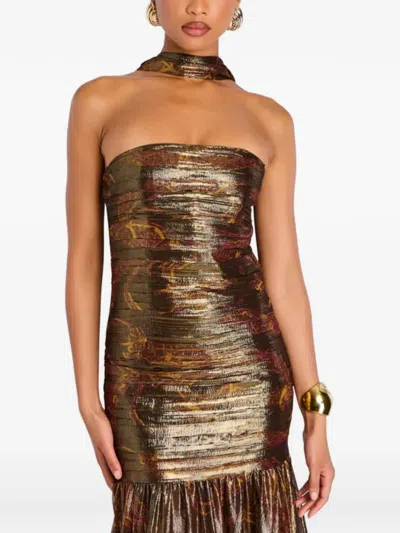 Retroféte Metallic Choker Strapless Dress In Gold