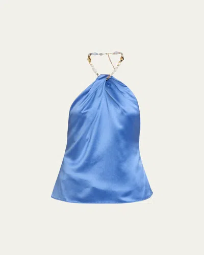 Retroféte Milani Beaded Satin Halter Top In Blue