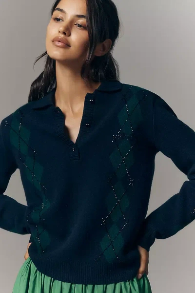 Retroféte Nicolina Embellished Cashmere Blend Polo Sweater In Blue