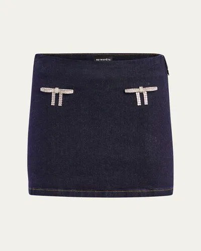 RETROFÉTE PALMER DENIM MINI SKIRT WITH CRYSTAL BOWS
