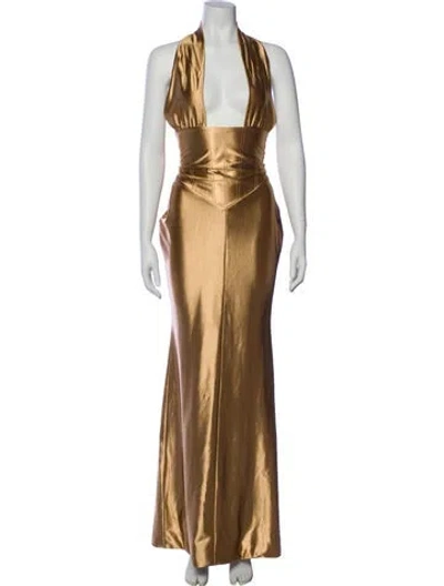 Pre-owned Retroféte Plunge Neckline Long Dress In Brown