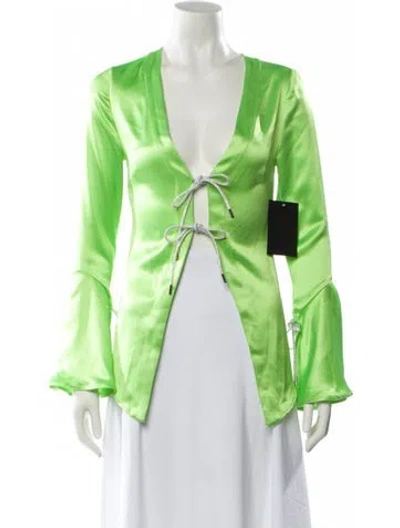 Pre-owned Retroféte Plunge Neckline Long Sleeve Blouse In Green