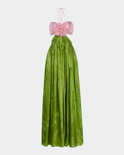 Retroféte Prudy Floral Cut-out Satin Halter Dress In Green