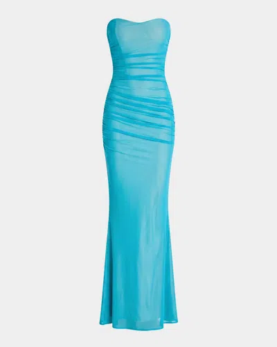 Retroféte Quintessa Ruched Mesh Strapless Gown In Blue