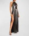 Retroféte Reiss Metallic Backless Tie-back Halter Gown In Gunmetal