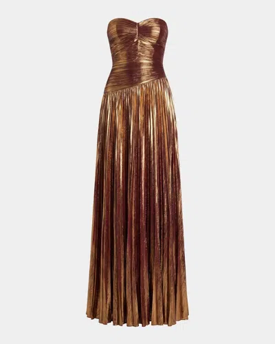 Retroféte Saba Pleated Metallic Strapless Maxi Dress In Golden Por