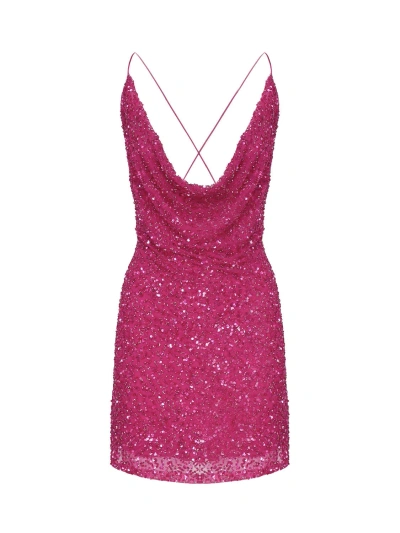 Retroféte Sequin Dress With Soft Neckline And Deep Neckline On The Back In Fuxia