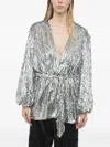 Retroféte Wrap Dress With Leave-shaped Sequines All-over In Metallic