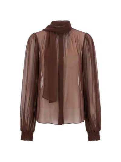Retroféte Sheer Neck-tie Blouse In Brown